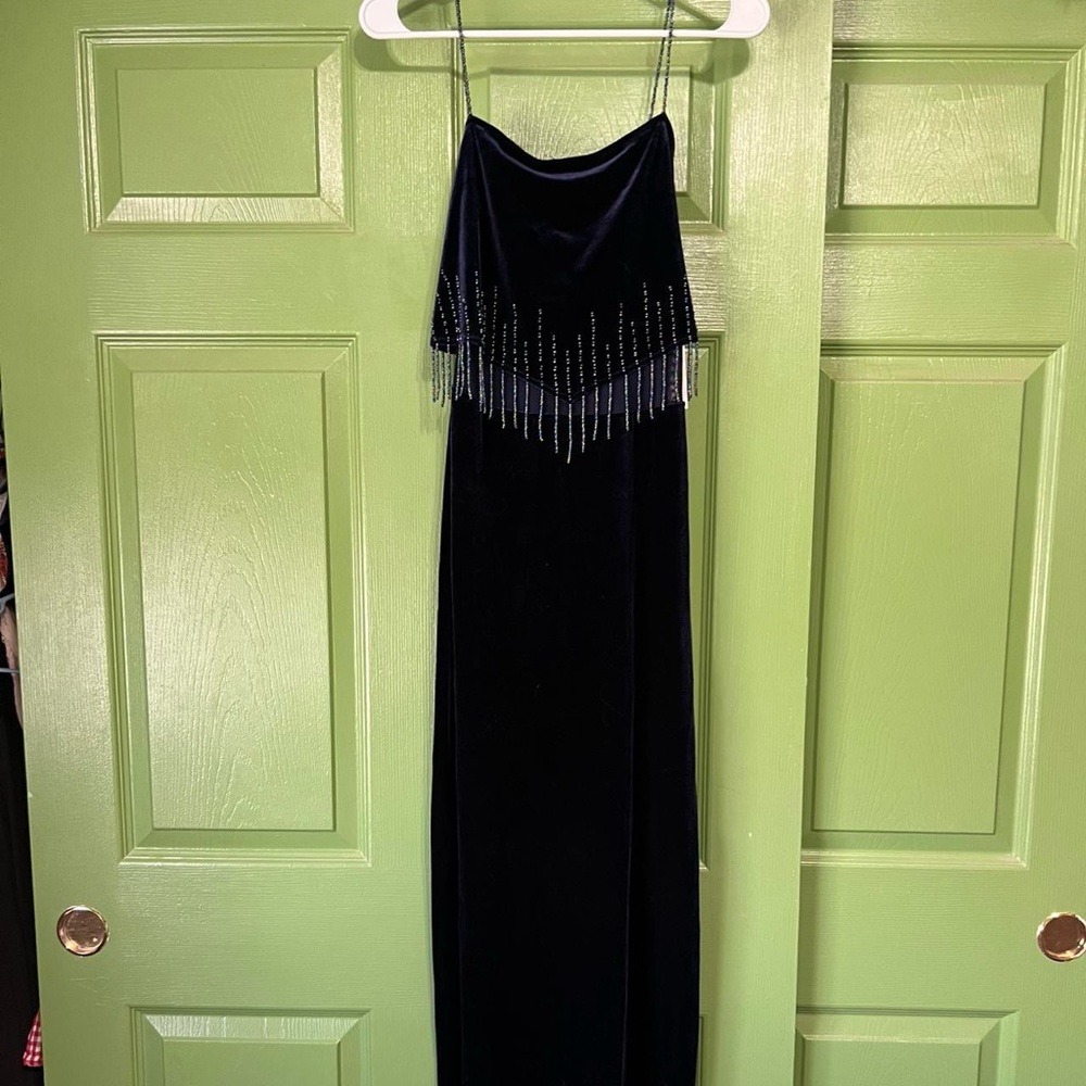 Elegant Blue Velvet Dress with Beaded Fringe